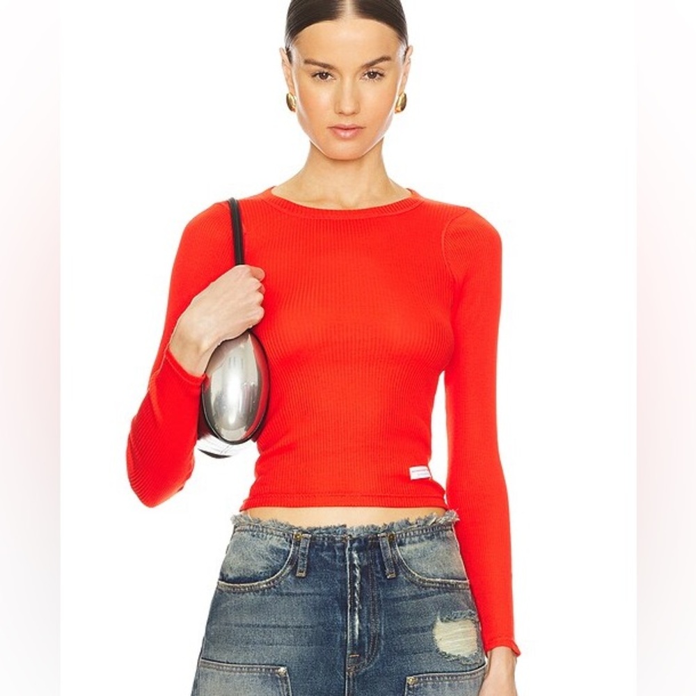 Alexander Wang Bright Fiery Red Ribbed Long Sleeve Crop Top